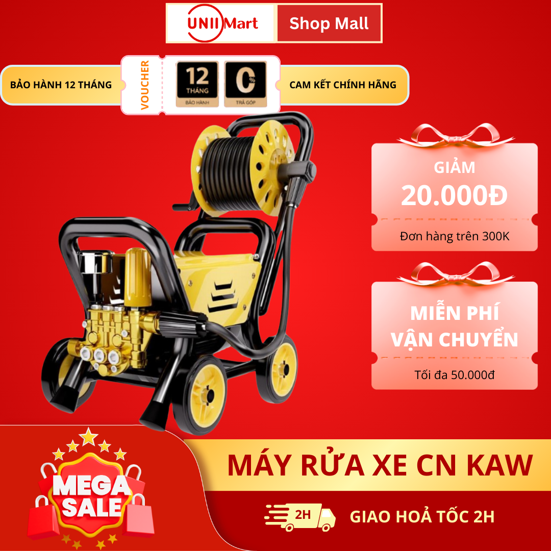 Máy Xịt Rửa Xe Công Nghiệp áp lực cao cấp KAW Công Suất Lớn 3750WW, Tầm Phun Xa 10M, có Rulo cuốn dây và khung 4 bánh xe, dây dài 23m - Bảo Hành 12 Tháng