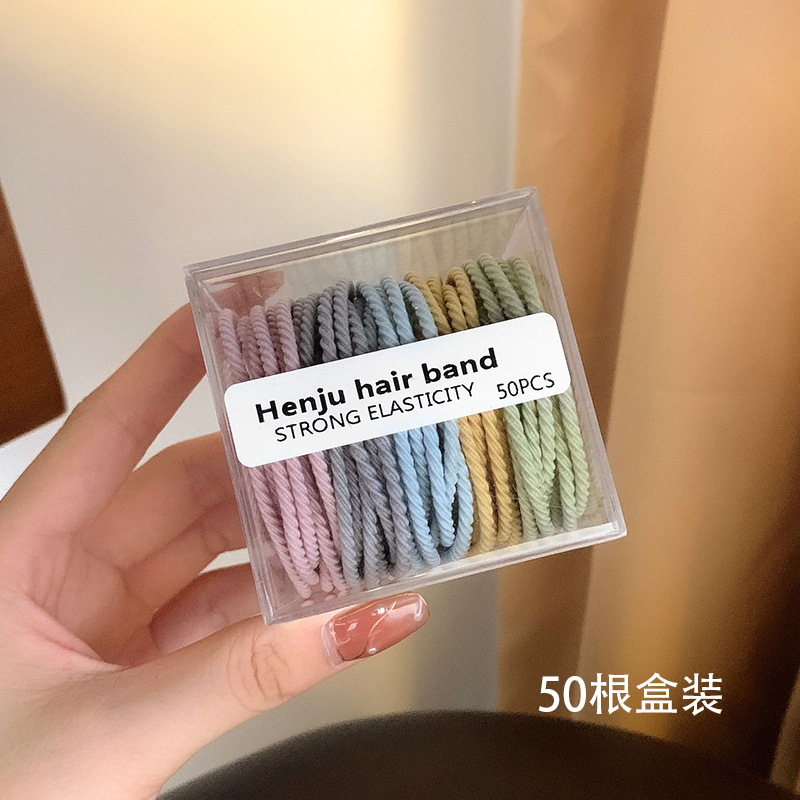 Hộp 50 chun buộc tóc, thun cột tóc nhiều màu cho nữ 2023