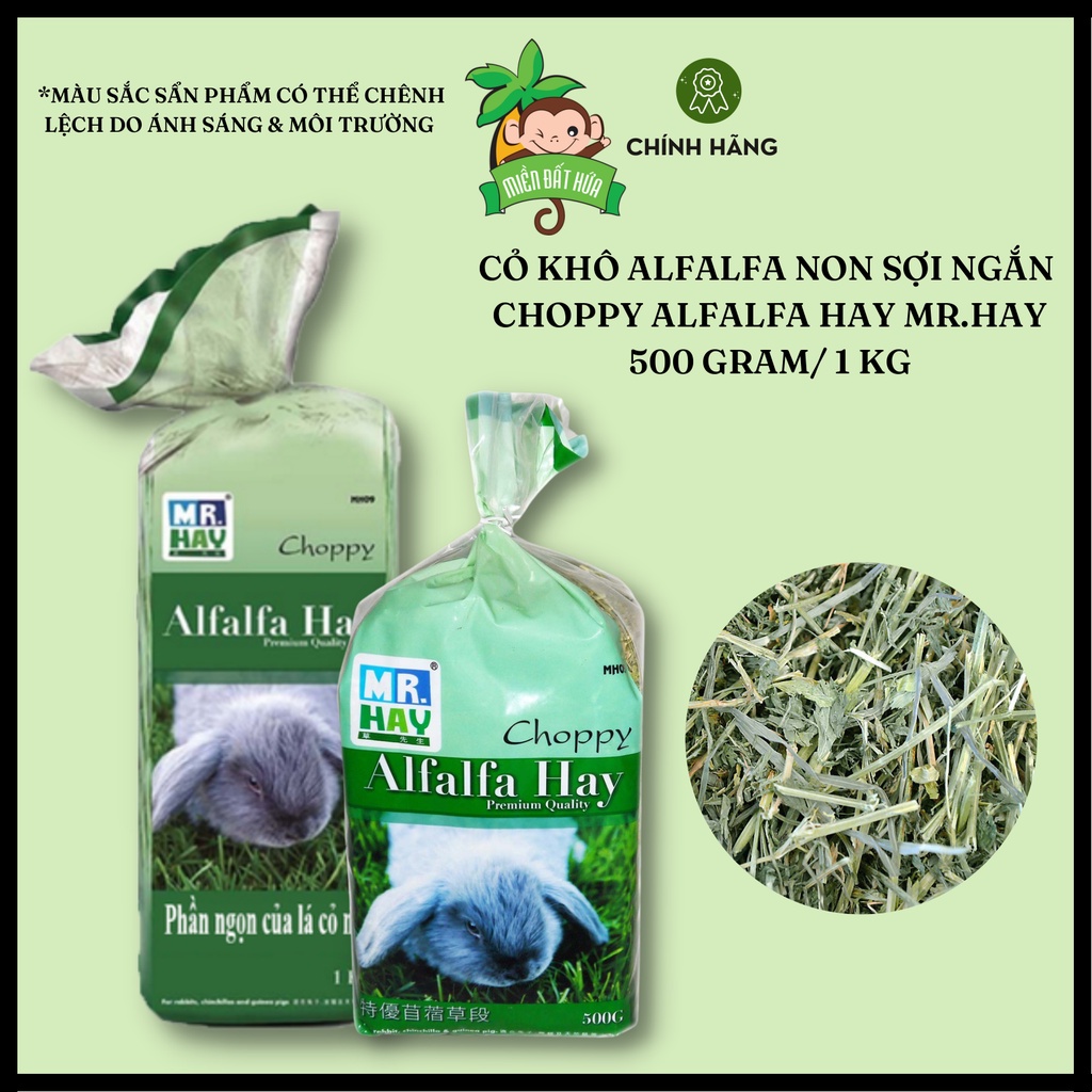 Thức ăn thỏ bọ - Cỏ khô alfalfa non sợi ngắn Mr.Hay 500 gram, 1kg dành cho thỏ, bọ ú