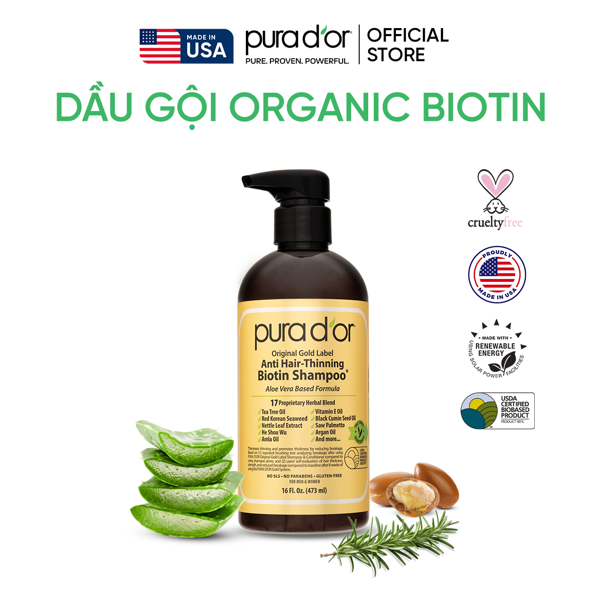 Dầu gội biotin original gold label 236ml/ 473ml - thành phần organic, ngăn rụng tóc, phục hồi dưỡng tóc pura dor