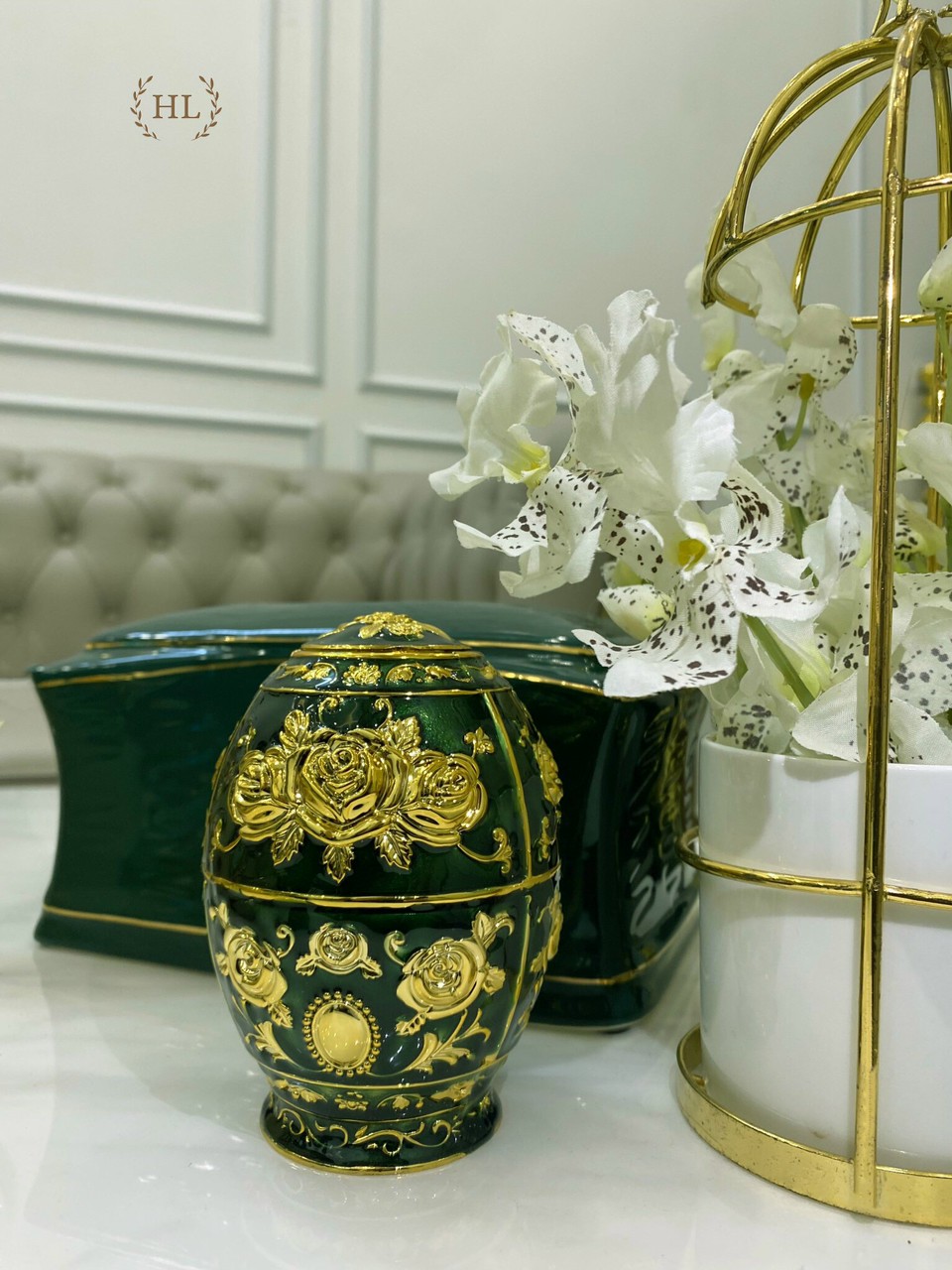 Lọ đựng tăm mạ đồng xanh ngọc cao cấp