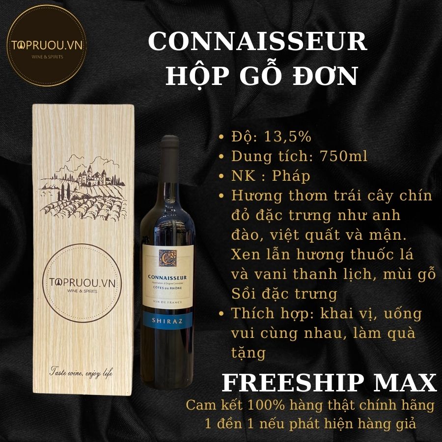 Rượu vang đỏ connaisseur 750ml + hộp gỗ đơn