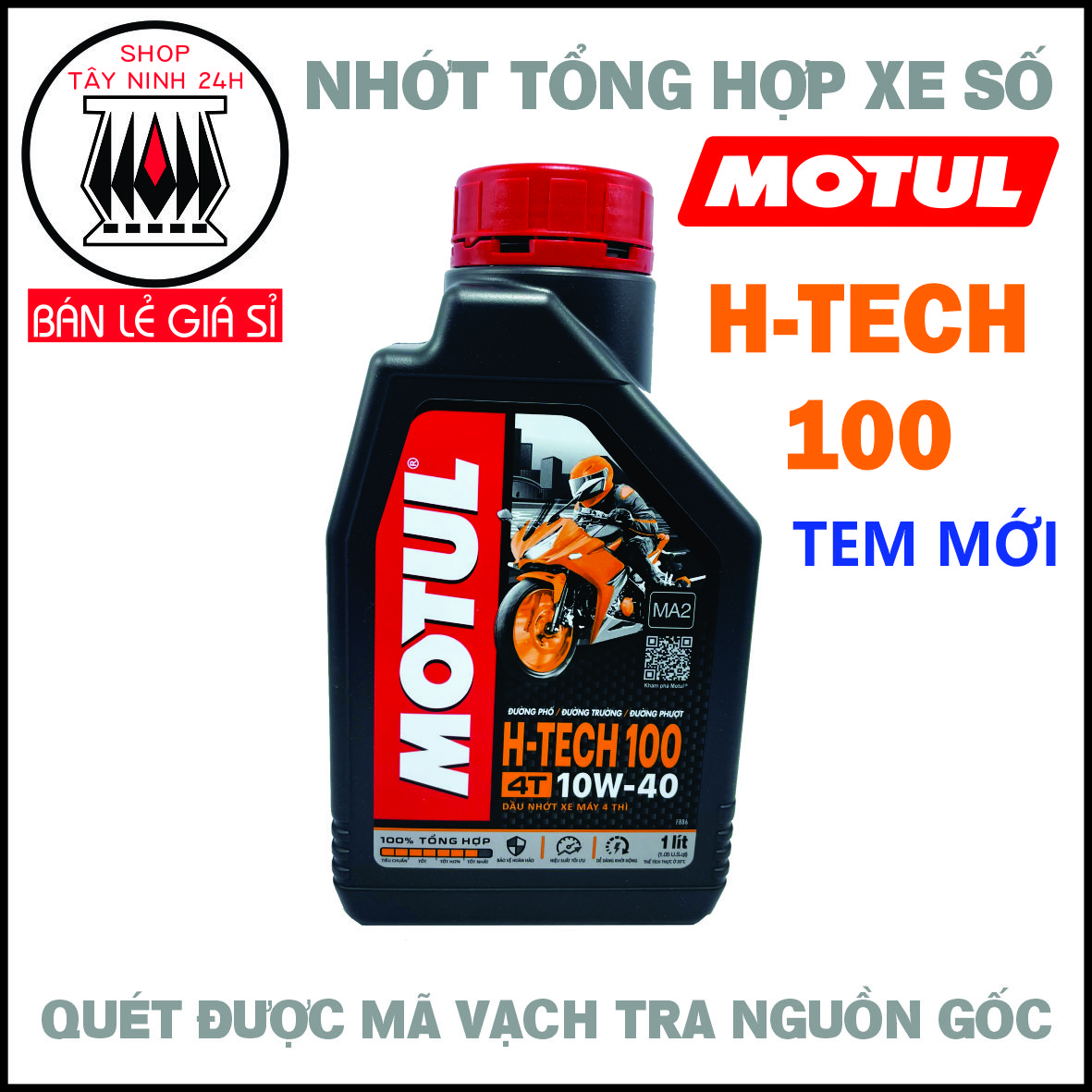 Motul H TECH 100 4T 10W40 1L Tổng Hợp  100%  SN MA2 tem mới 2022