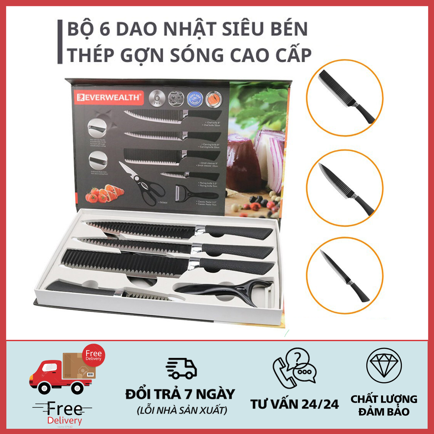Bộ Dao Nhật 6 Món Đa Năng Siêu Bén Sắc, Bền Bỉ , Thép Không gỉ Dùng Trọn Đời - Bộ dao làm bếp,Bộ dao 6 món cao cấp công nghệ Nhật Asakh Đa Năng, bộ dao 6 món quà tặng cao cấp, bộ dao công nghệ Nhật bản