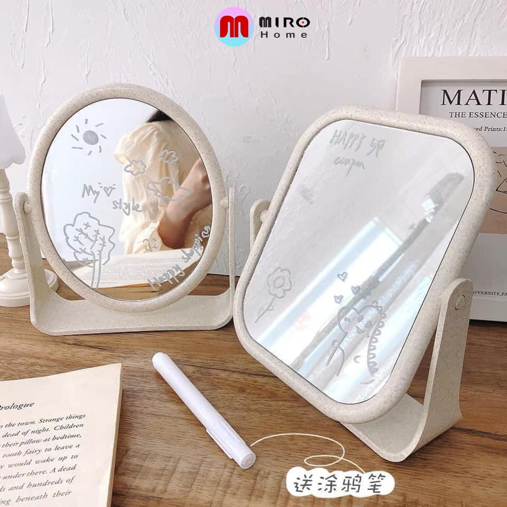 Gương lúa mạch trang điểm để bàn 2 mặt xoay 360 độ