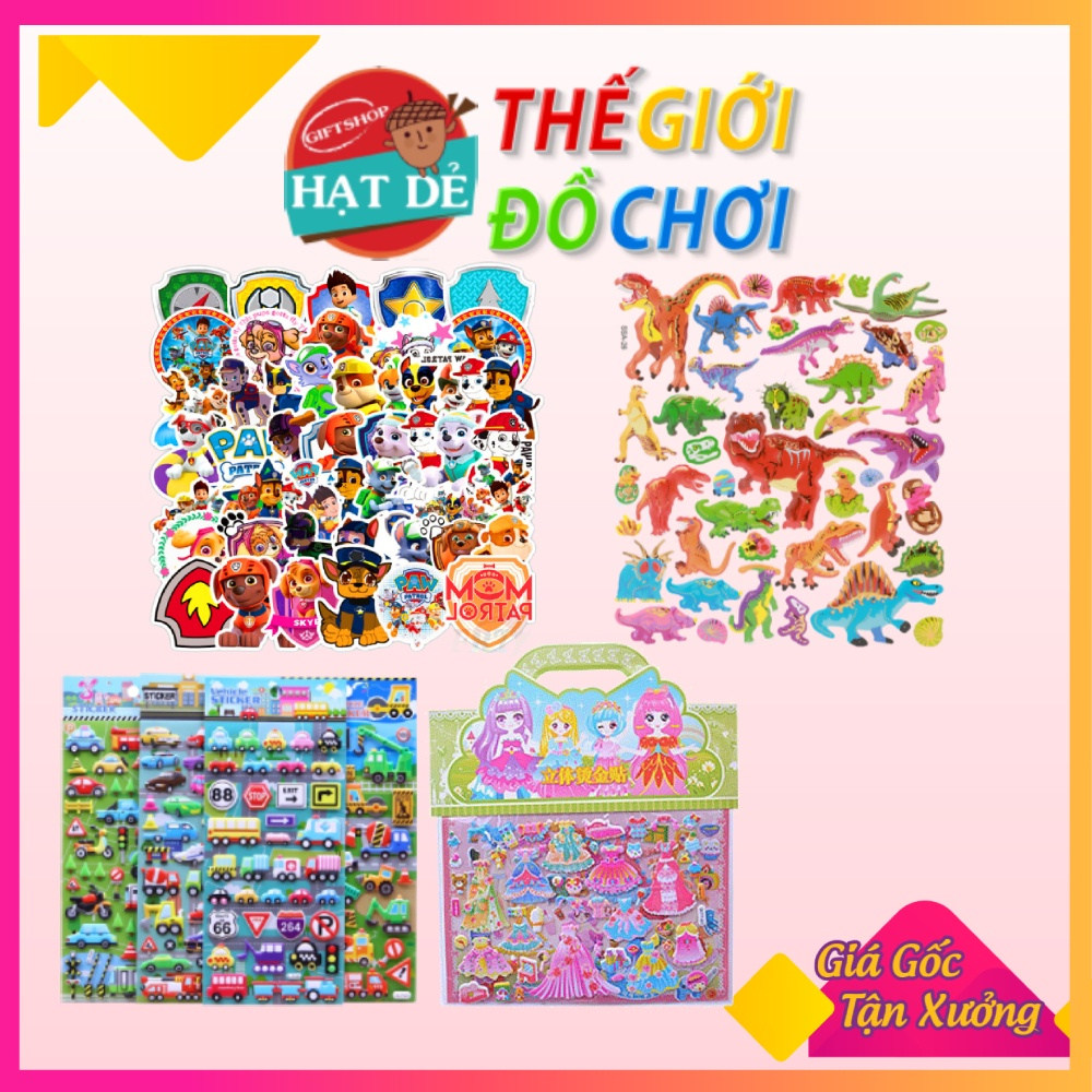 Sticker Đồ chơi hình dán nổi 3D búp bê công chúa xe khủng long các loại