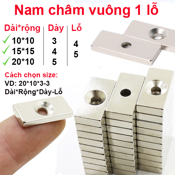 (1 Viên) Nam châm đất hiếm vuông , chữ nhật 1 lỗ 10-20mm