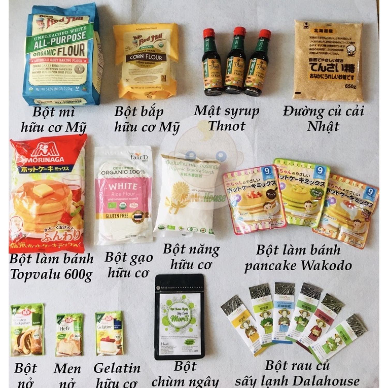 Nguyên liệu, bột làm bánh hữu cơ cho bé: bột mì, bắp, năng, ɡelatin, pudding,…