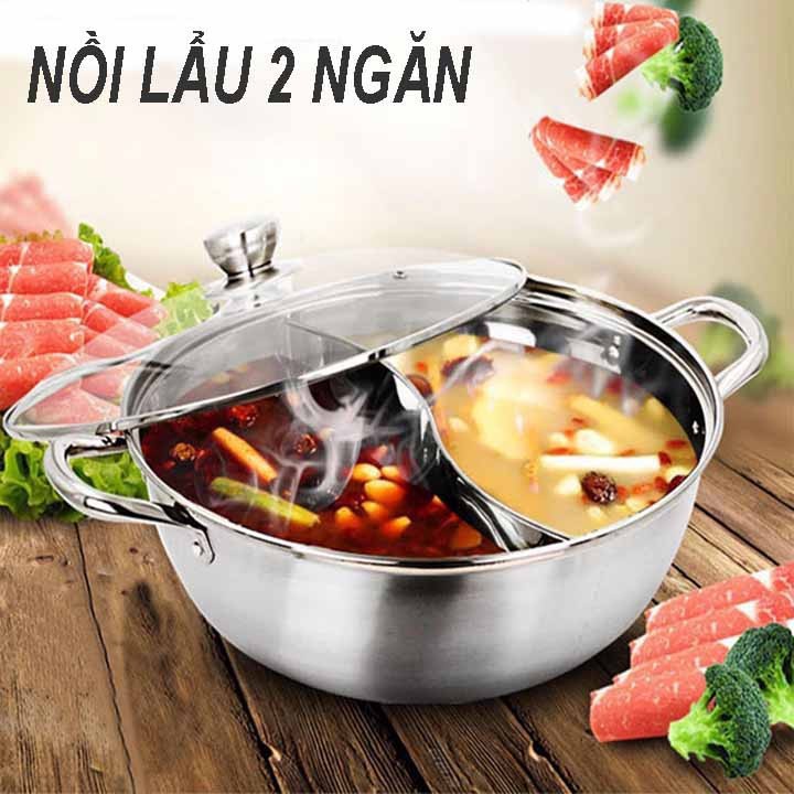 Nồi lẩu inox 2 ngăn hotpot, nồi lẩu 2 ngăn tiện lợi dùng cho mọi loại bếp, nồi lẩu thép không gỉ 2 ngăn siêu bền nắp kính.