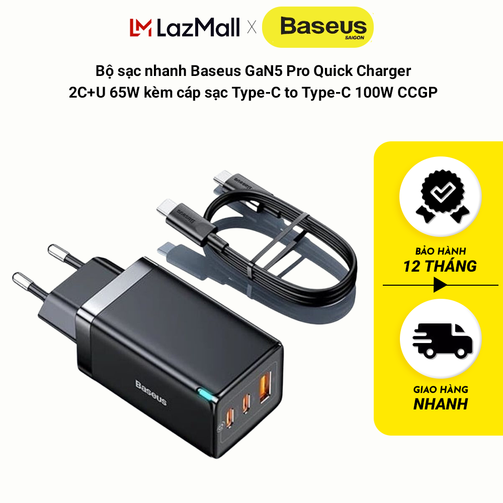Bộ sạc nhanh Baseus GaN5 Pro Quick Charger 2C+U 65W- CCGP