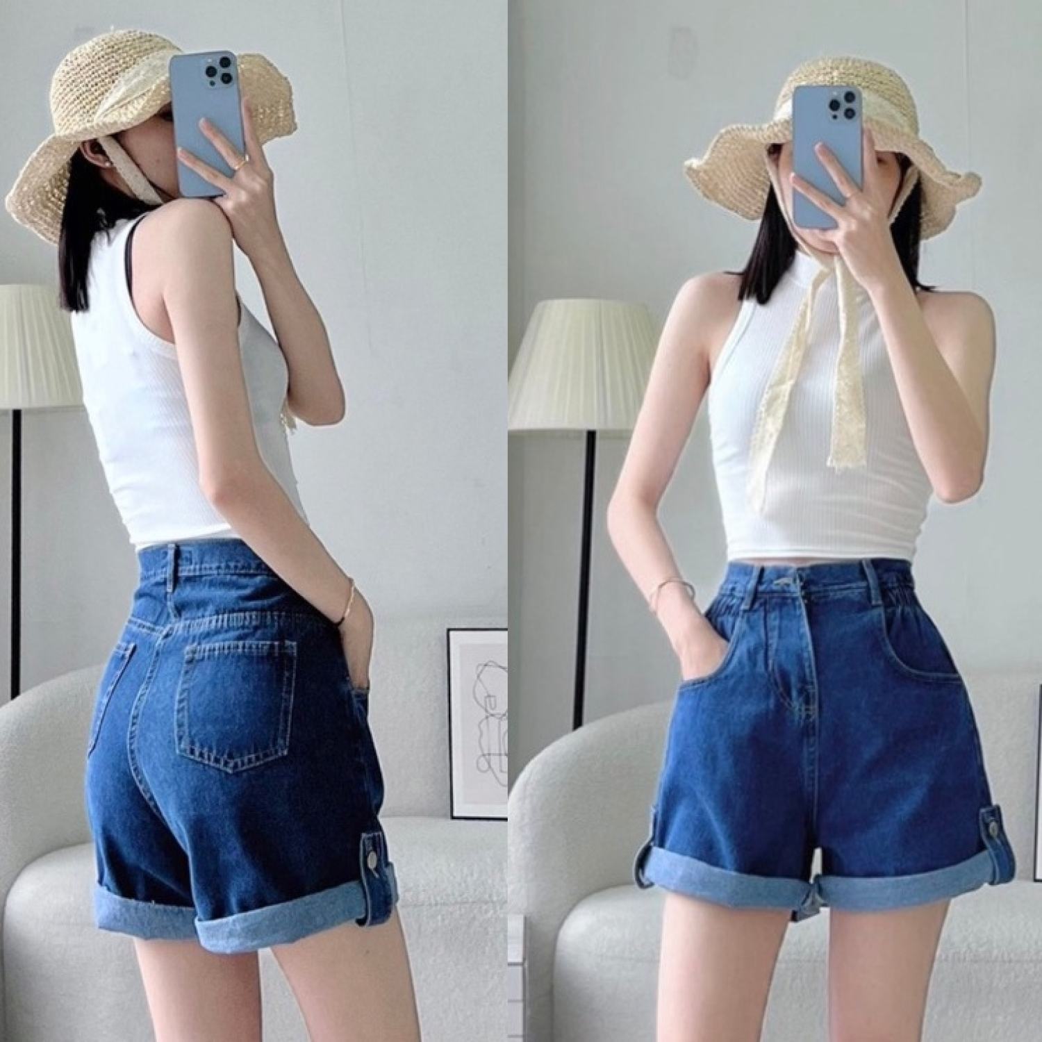 Quần short jeans phối chun nhún eo,quần bò lưng cao lật lai thời trang siêu hot