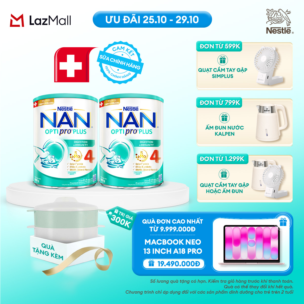 [CHỈ 25-29.10 QT ĐƠN 599K/799K/1299K] [Tặng Xửng hấp] Bộ 2 Lon Sữa bột Nestlé NAN OPTIPRO PLUS 4 với 5HMO xuất xứ Thụy Sĩ  - Hộp 800g cho bé từ 2-6 tuổi - Sữa công thức dinh dưỡng cho trẻ giúp hỗ trợ tiêu hóa, đề kháng, trí não và phát triển toàn diện