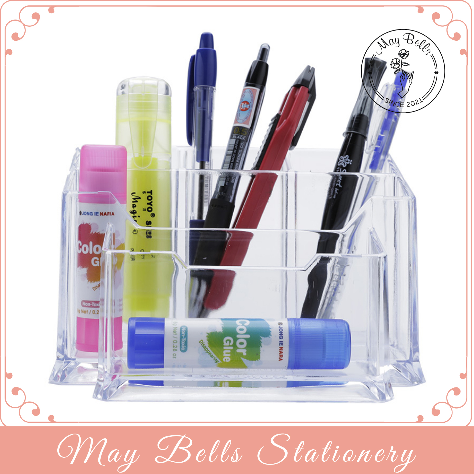 Hộp Cắm Bút Nhựa Đế Cố Định TTM 3011, Cắm Viết Văn Phòng Tatomo 5 Ngăn Màu Ngẫu Nhiên