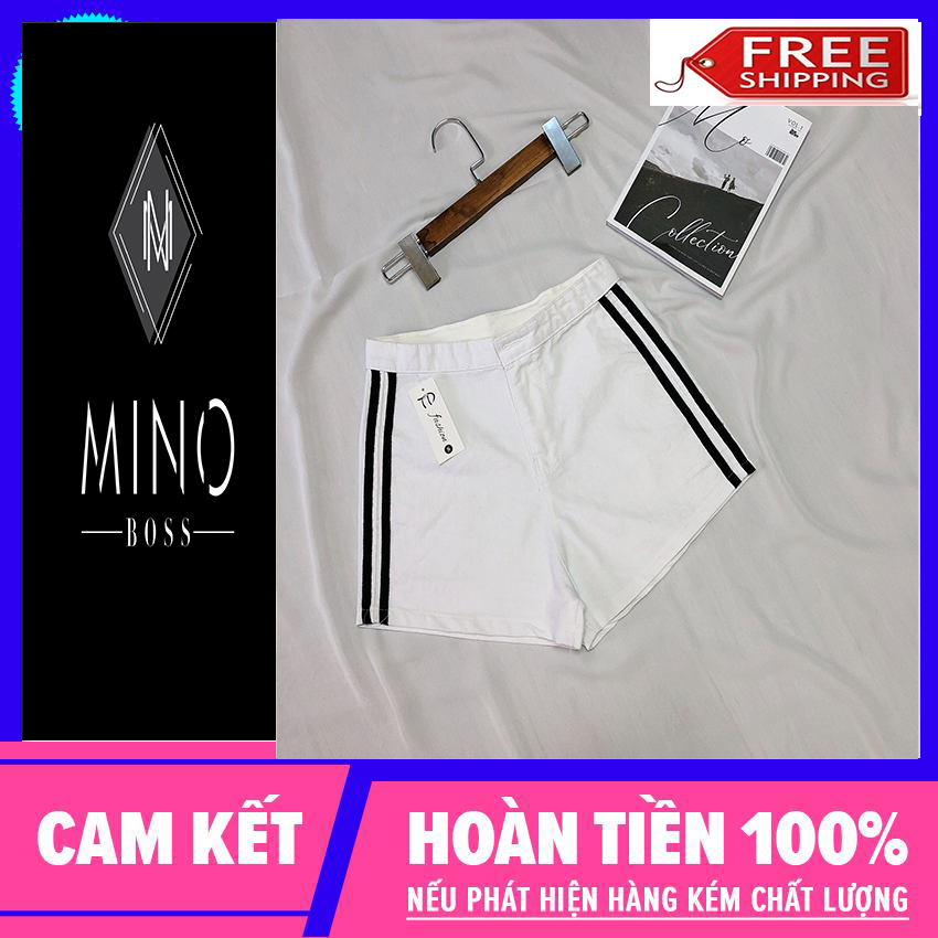Quần short kaki phối sọc 2 bên, quần short lưng cao, quần short kaki nữ, mino boss