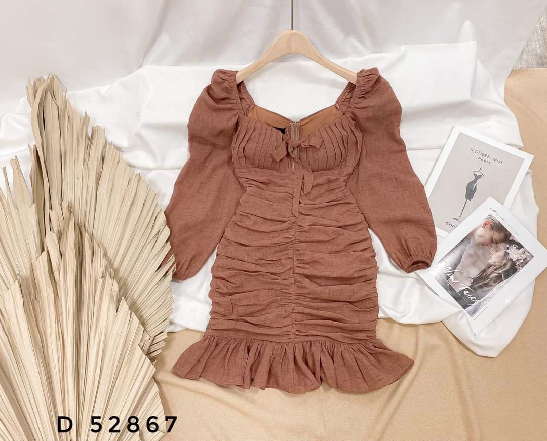 Đầm nhún tay dài cổ sâu phối bèo đuôi cá  cực đẹp duyên dáng TTSA0950