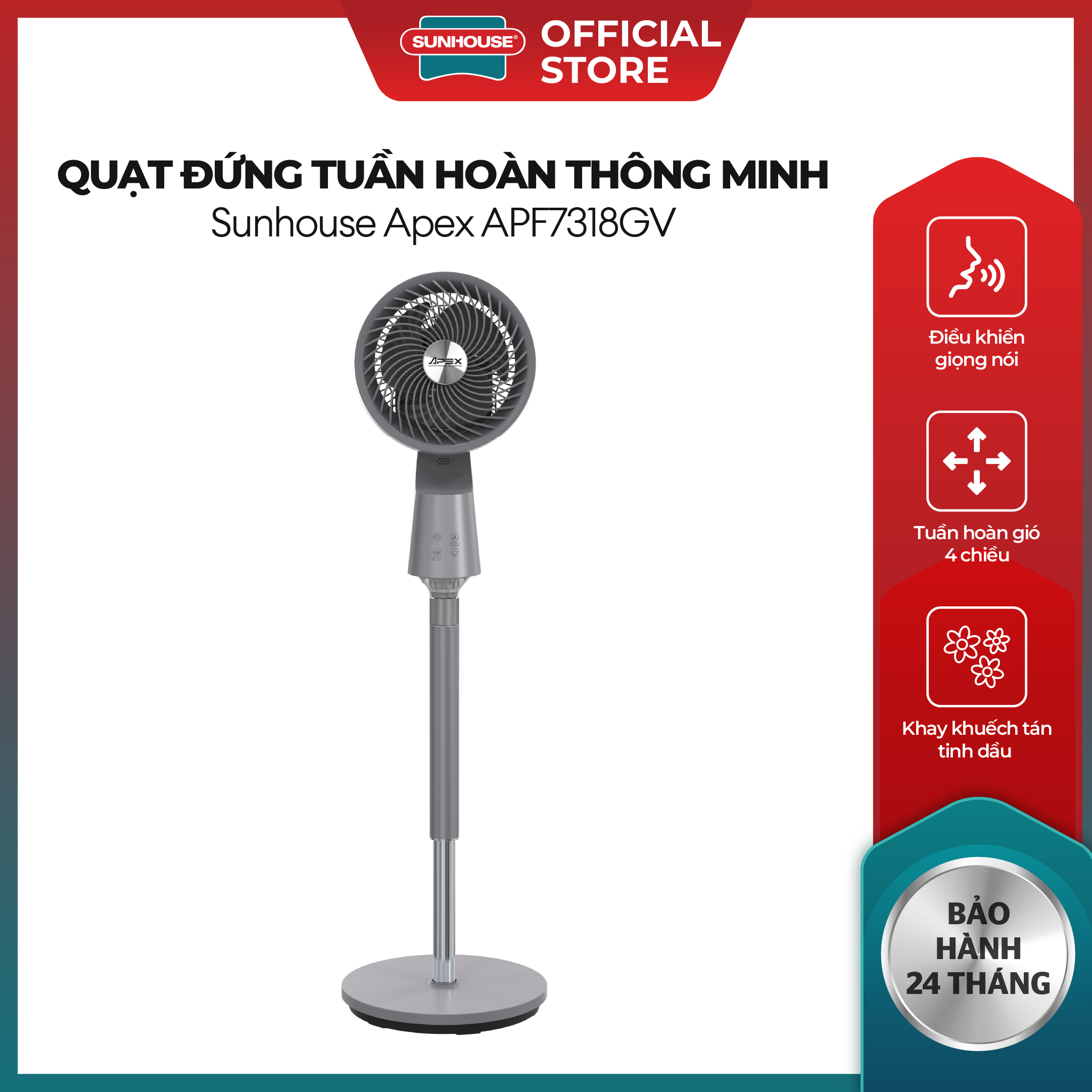Quạt đứng tuần hoàn thông minh Sunhouse Apex APF7318GV - Điều khiển bằng giọng nói - Đảo gió 4 chiều - 8 cấp độ gió