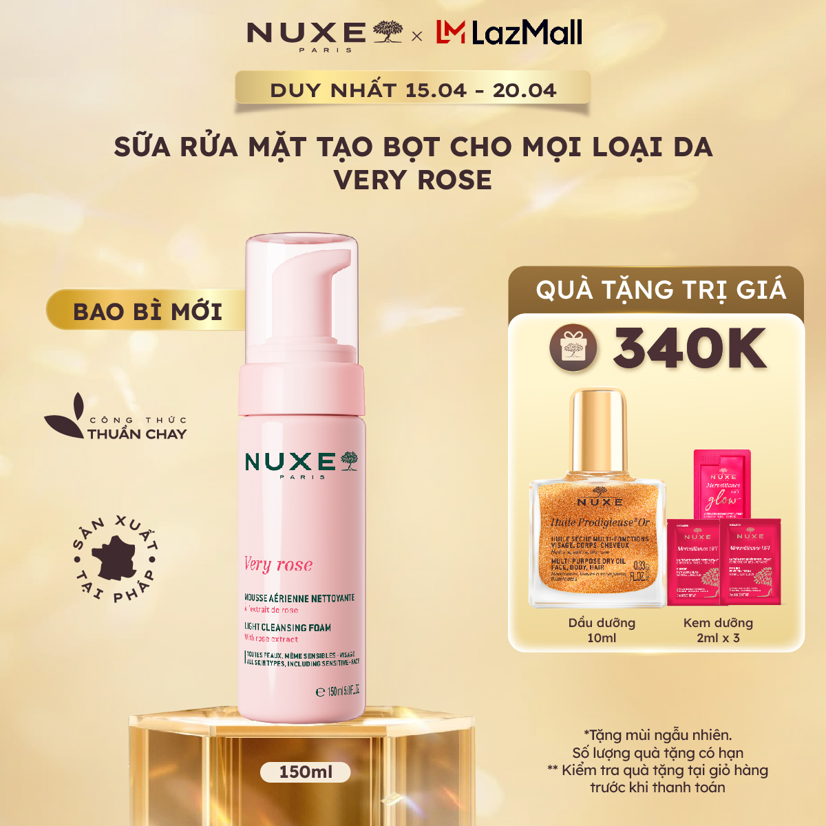 Sữa Rửa Mặt Tạo Bọt Dịu Nhẹ Cho Mọi Loại Da Chiết Xuất Hoa Hồng Nuxe Very Rose 150ml