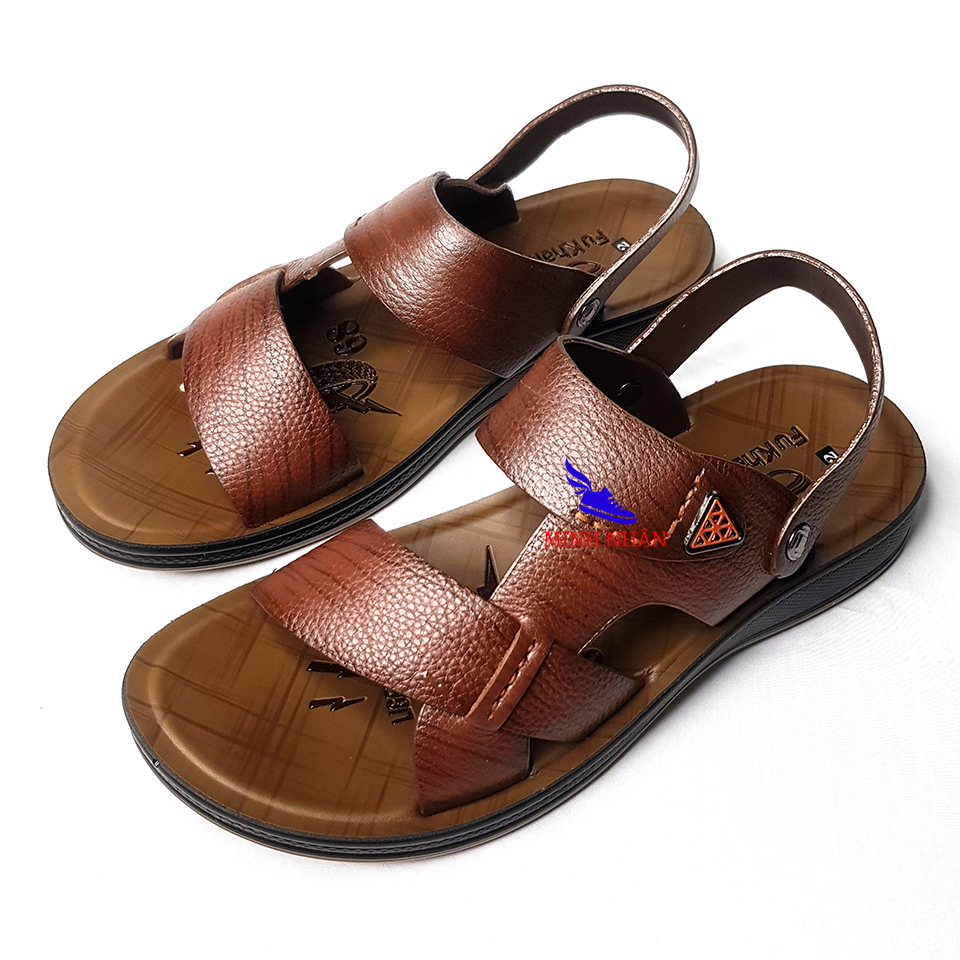 Dép da nam Q-11 đế kếp dép tăng chiều cao 4cm Xăng đan Sandal nam da bò xịn quai ngang quai hậu cao cấp xuất khẩu thời trang đẹp giá rẻ màu nâu vàng