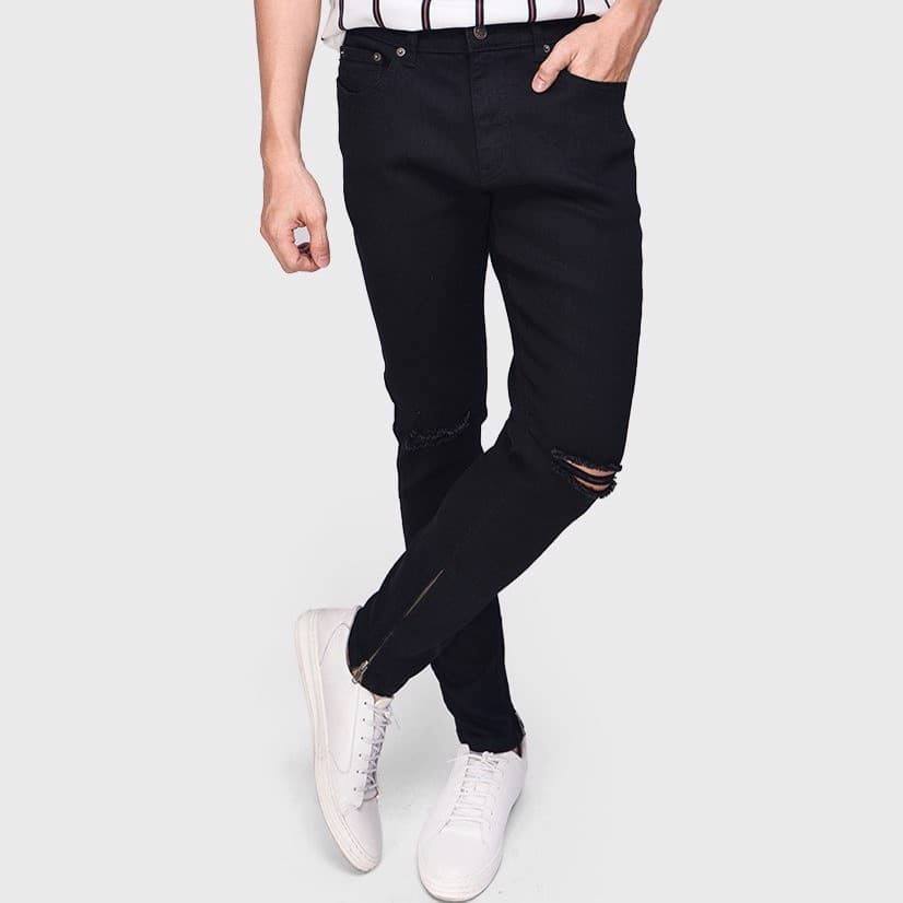 ( Jean co giãn)Quần Jean Nam Đen Rách Gối Khóa Ống Hàn Quốc ( kèm zip)