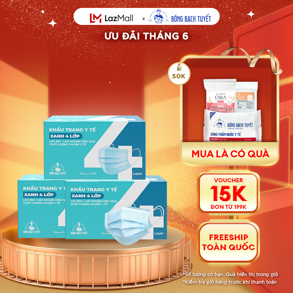 Combo 3 Hộp Khẩu trang Bông Bạch Tuyết 4 lớp xanh
