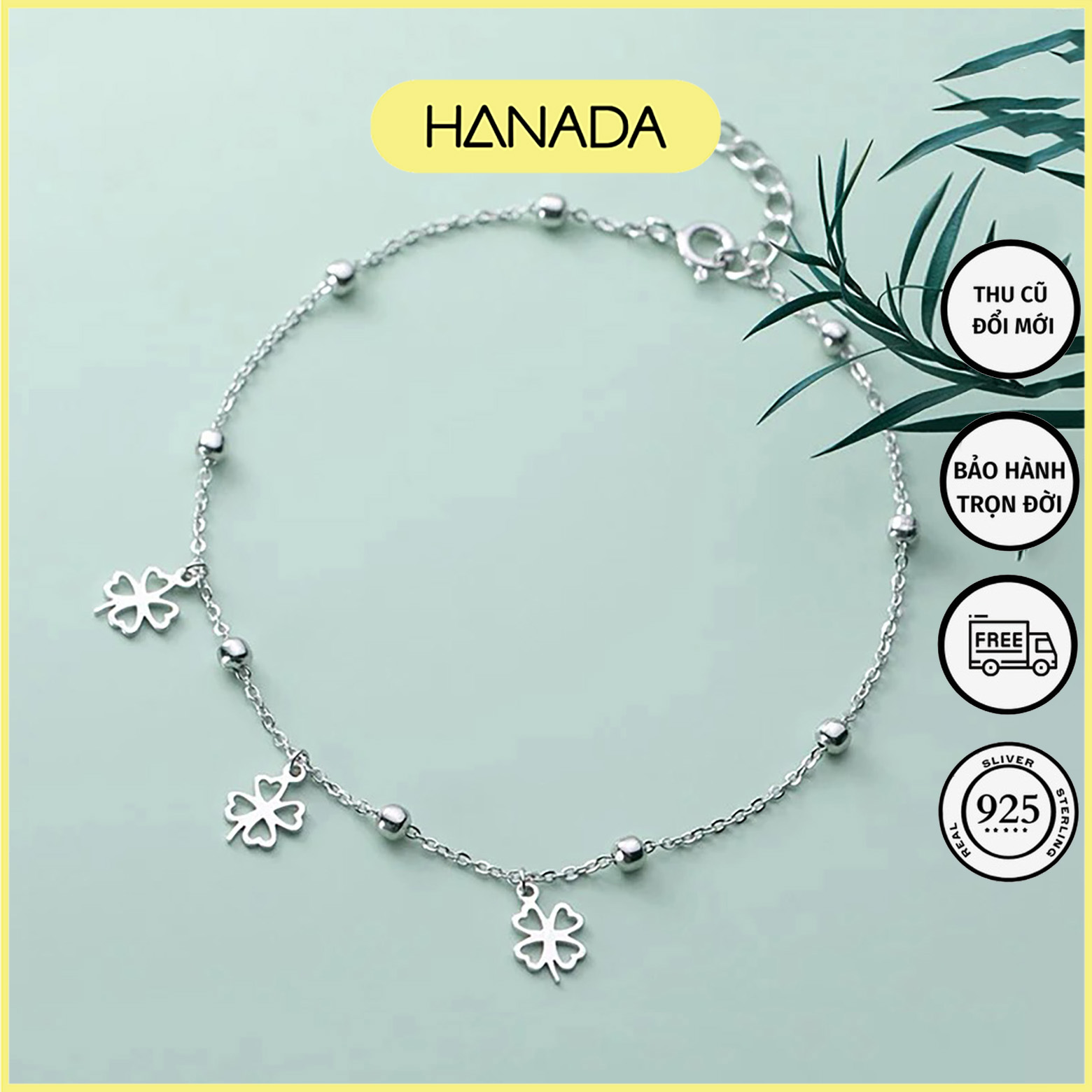 Lắc chân bạc 925 hanada cỏ 4 lá 0209 g19