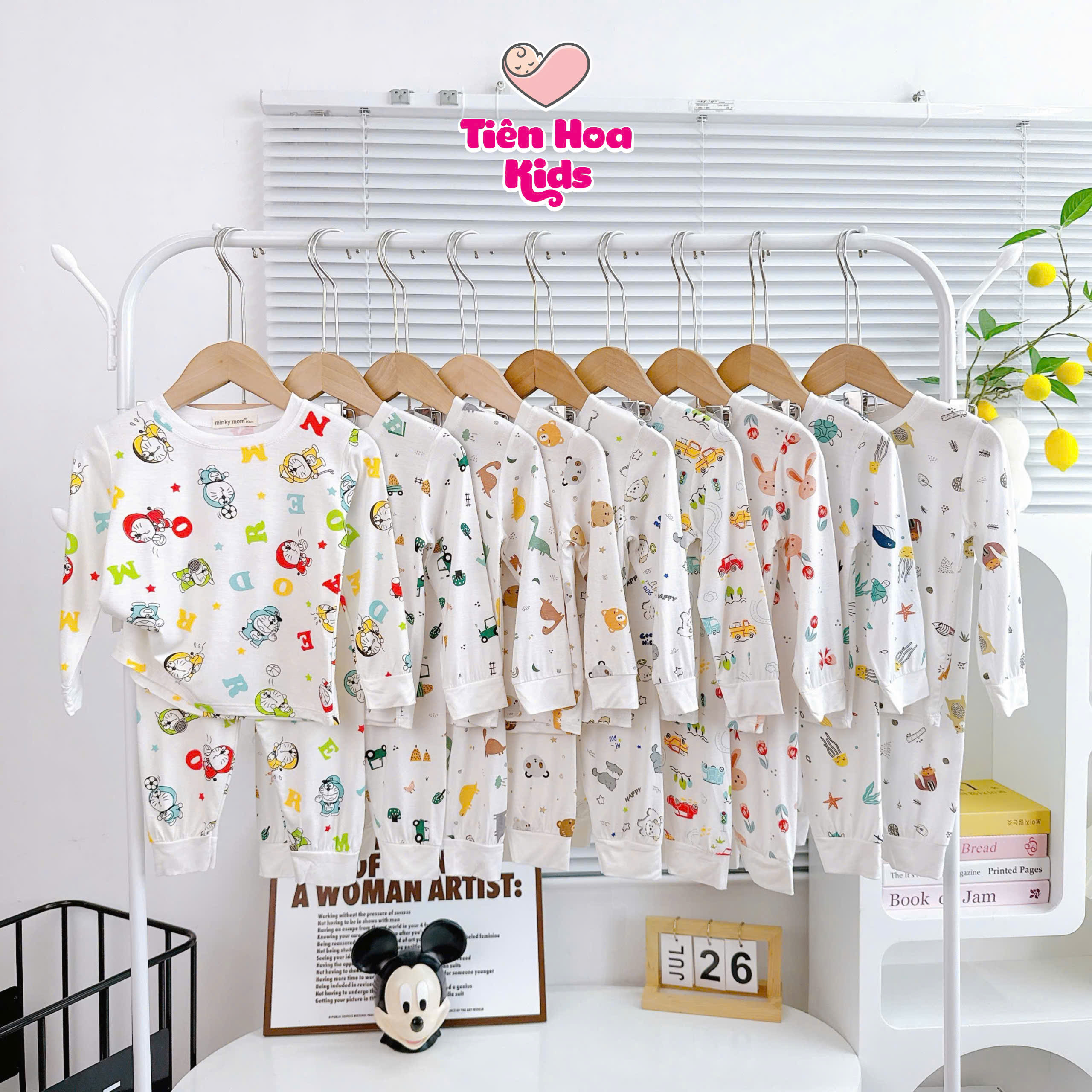 Bộ Dài Tay Trắng In chất Thun Lạnh Minky Mom Mềm Mịn Mát Cho Bé Trai, Bé Gái mặc ngủ đi học