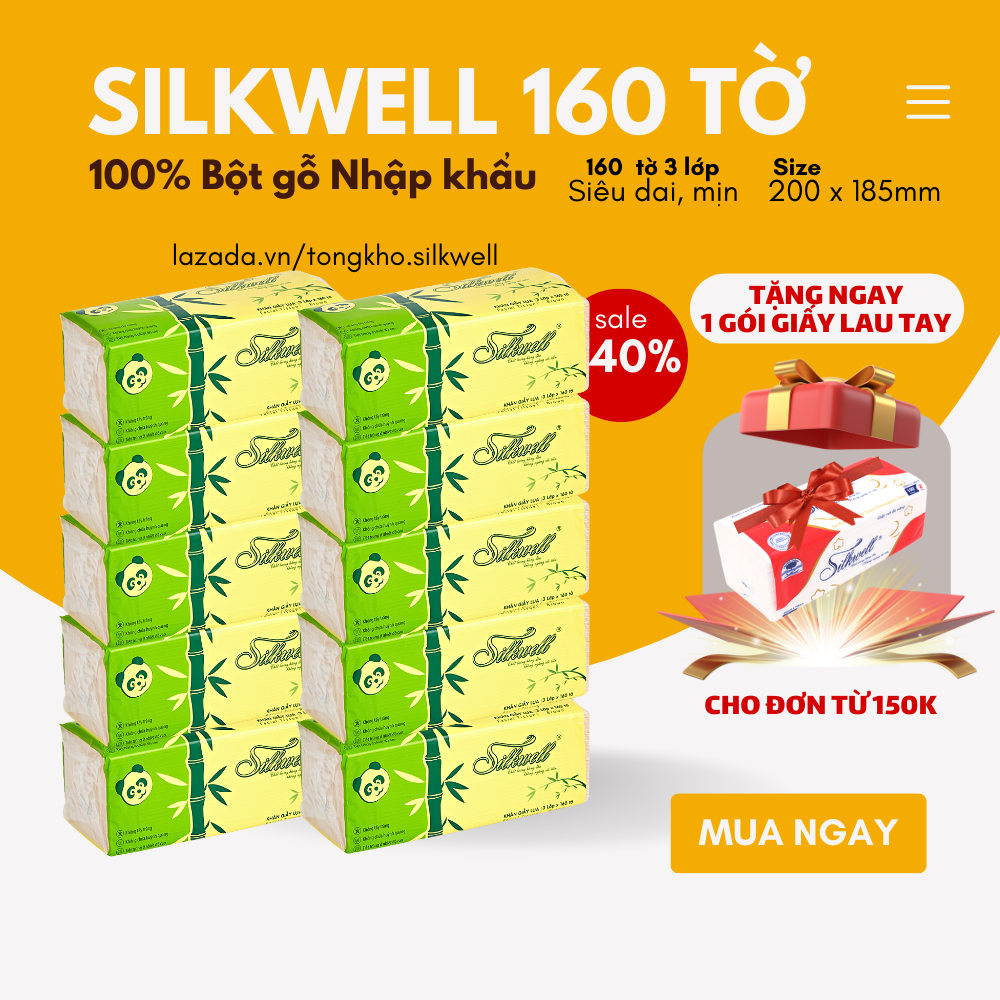 Combo 10 gói giấy ăn gấu trúc khổ Lớn Silkwell 3 lớp than tre chính hãng