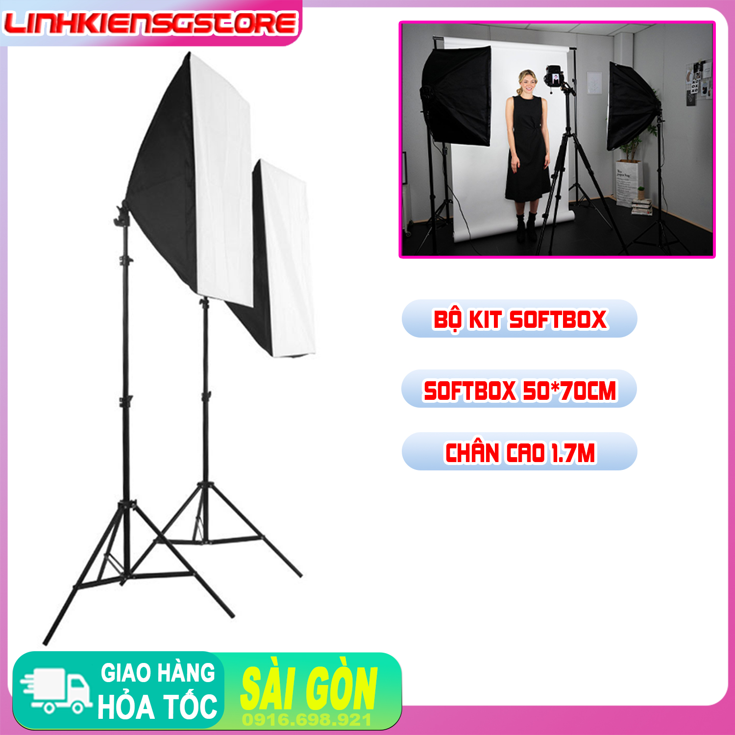 [HCM]Bộ Đèn Studio Chụp Ảnh Quay Phim Livestream Chuyên Nghiệp Cao 1.7m Softbox 50x70cm (chưa có bóng đèn)