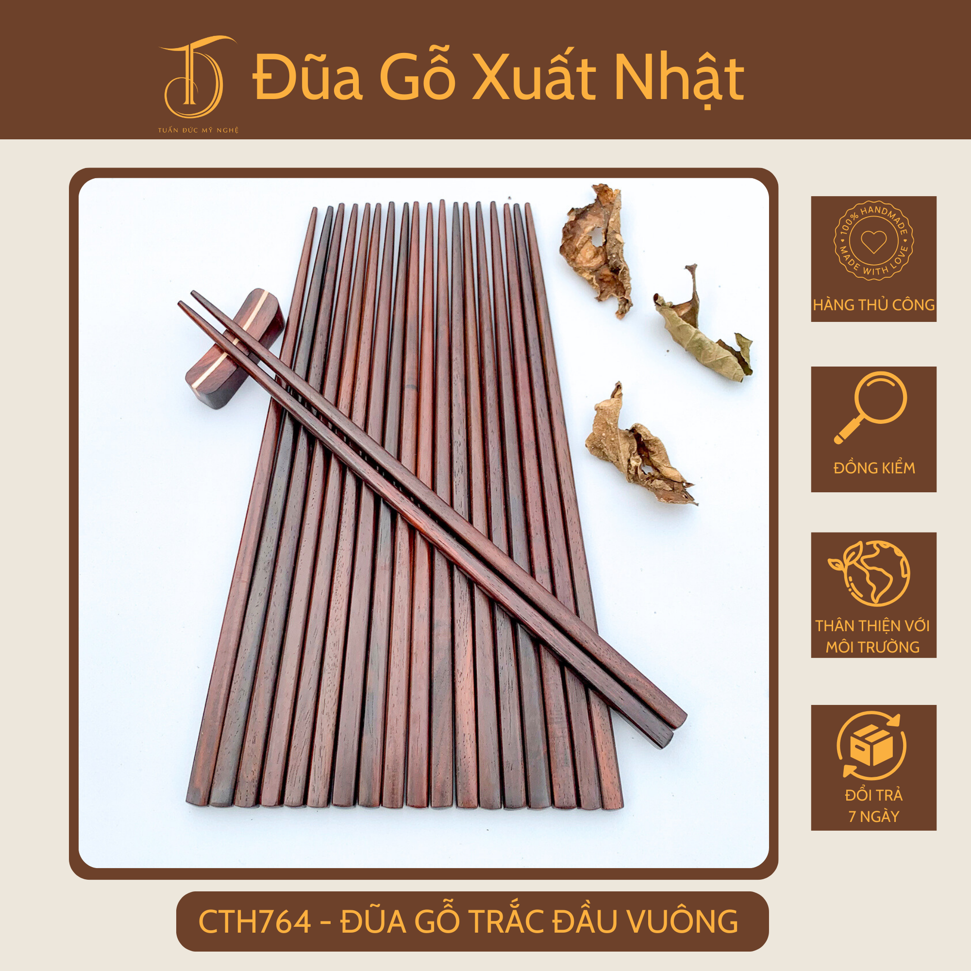 10 đôi đũa gỗ trắc hahanco xuất nhật đầu vuông kháng khuẩn tránh nấm mốc