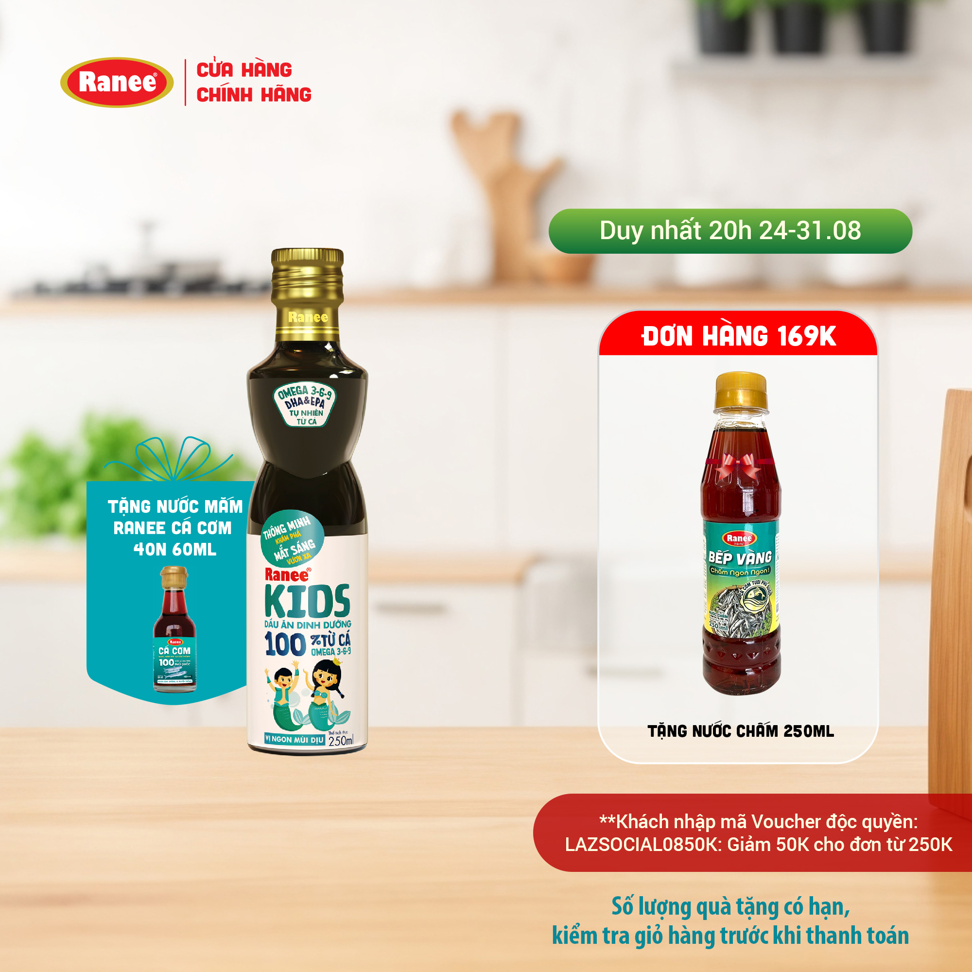 Dầu ăn Cá Hồi dinh dưỡng cho bé Ranee Kids 250ml + Tặng nước mắm Ranee cá cơm 40N 60ml