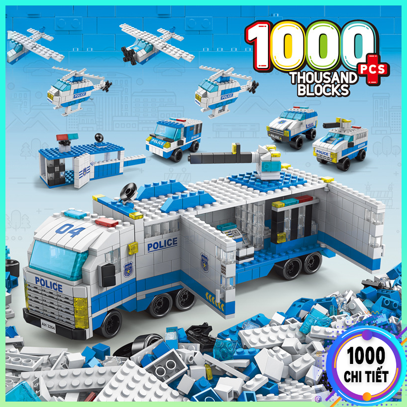 1000 Chi Tiết- Bộ đồ chơi lắp ráp Lego Xe Cảnh Sát Swat 1000X xanh kèm mô hình lắp ráp lego máy bay xếp hình cảnh sát swat đồ chơi cho bé