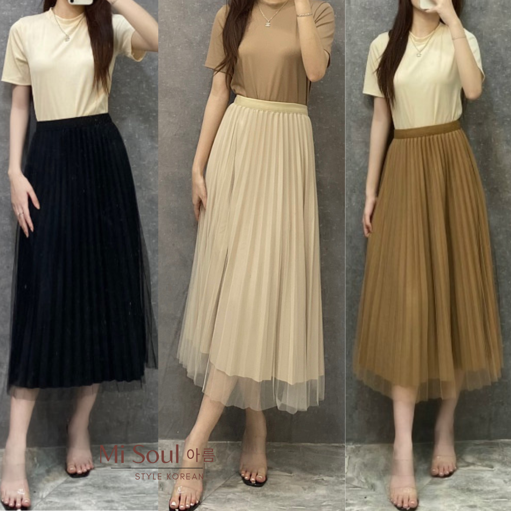 Chân váy dài xếp ly voan misoul,chân váy midi chất liệu voan dập ly freesize 188