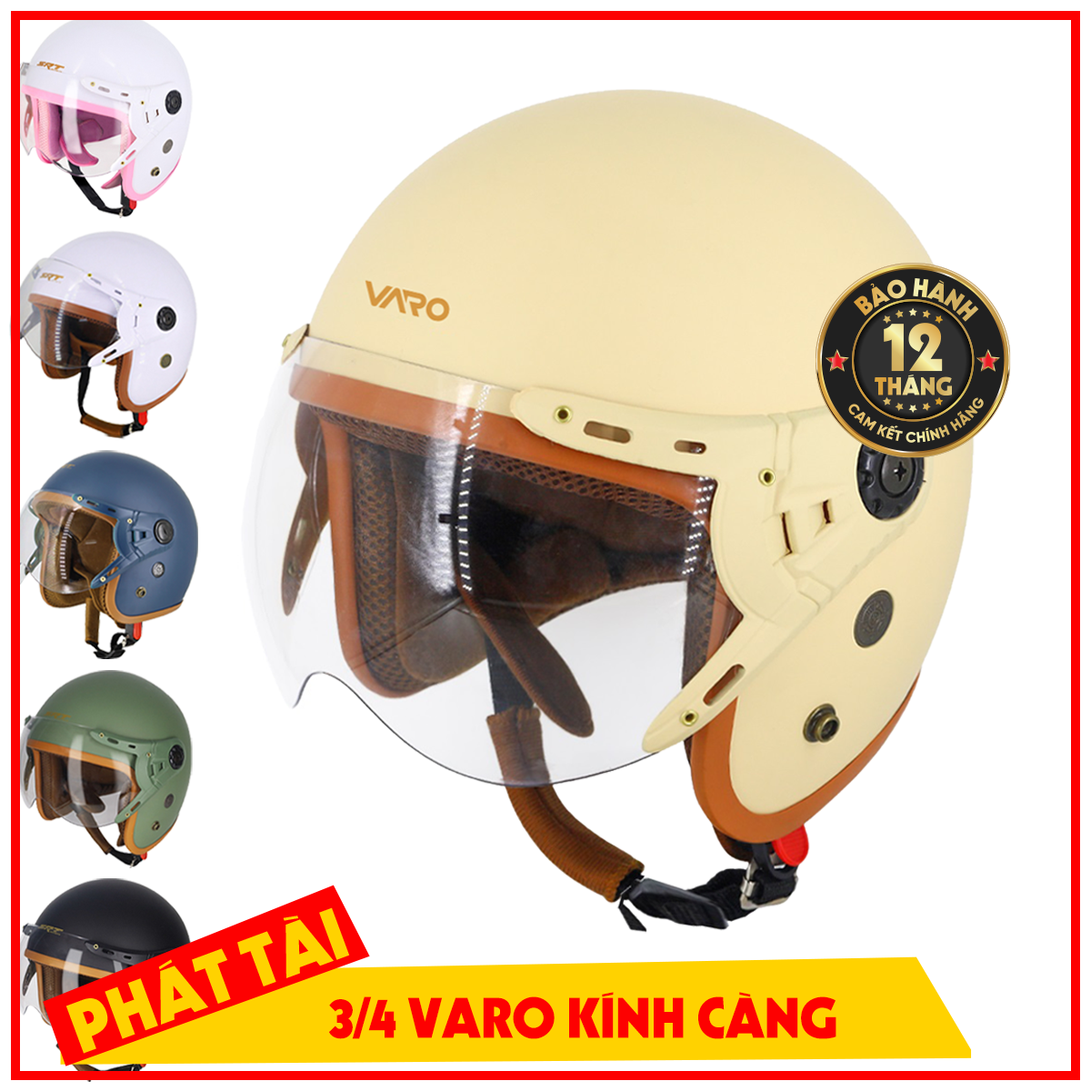 Mũ bảo hiểm 3/4 kính càng varo lót nâu thoáng khí - nón bảo hiểm 3/4 lót nâu - nón bảo hiểm phượt - hàng chính hãng