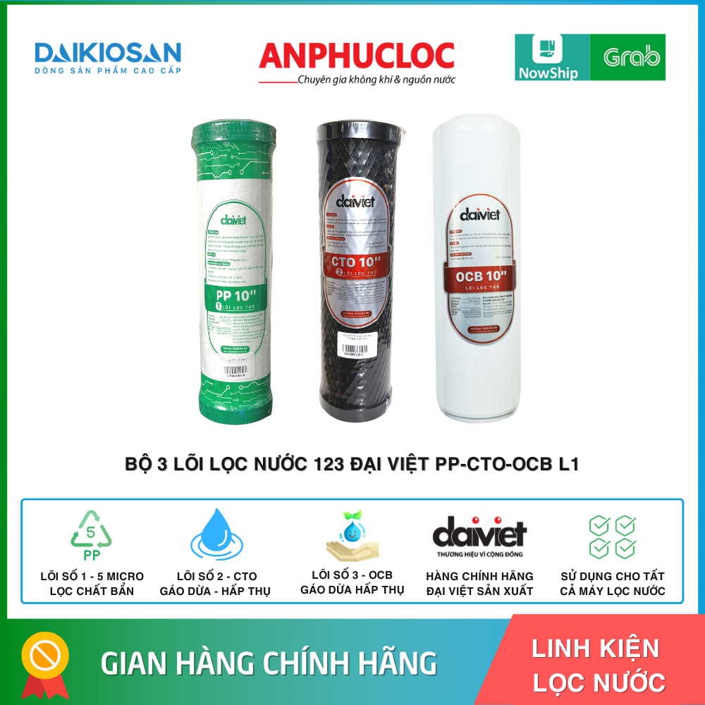 [CHÍNH HÃNG] LÕI LỌC NƯỚC 123 ĐẠI VIỆT - DAIKIOSAN  PP 5MRC-CTO GÁO DỪA - OCB GÁO DỪA LOẠI 1