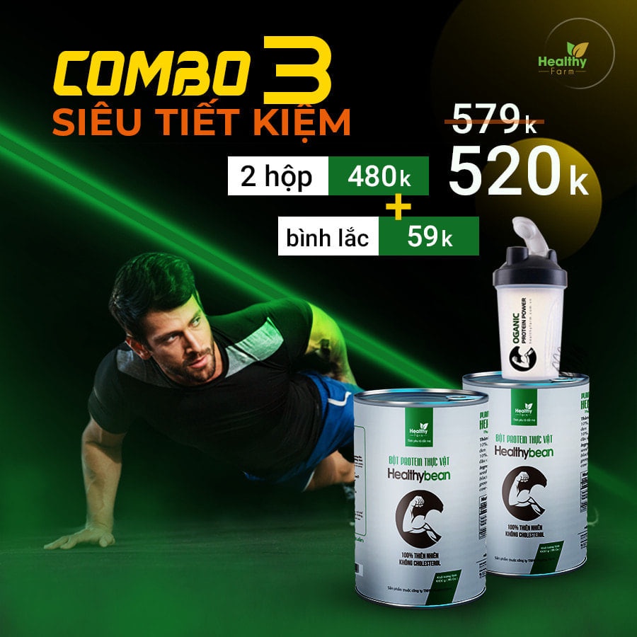 Bột protein healthy bean hỗ trợ tăng cân - tăng cơ - giảm mỡ - combo 02 hộp + tặng kèm bình lắc