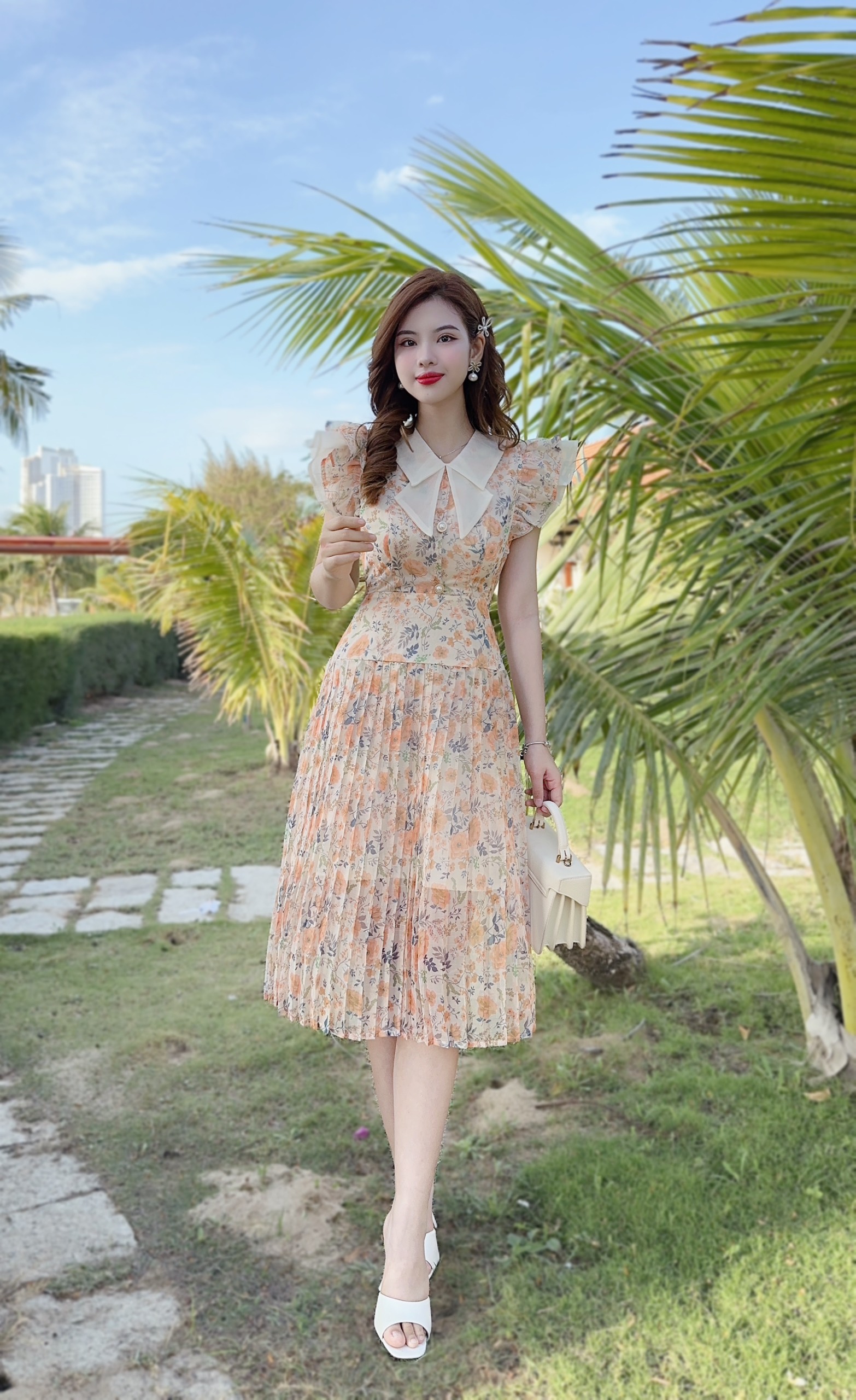 V234 Váy hoa nhí voan tơ cánh tiên dập ly váy hoa nhí vintage dáng dài tiểu thư