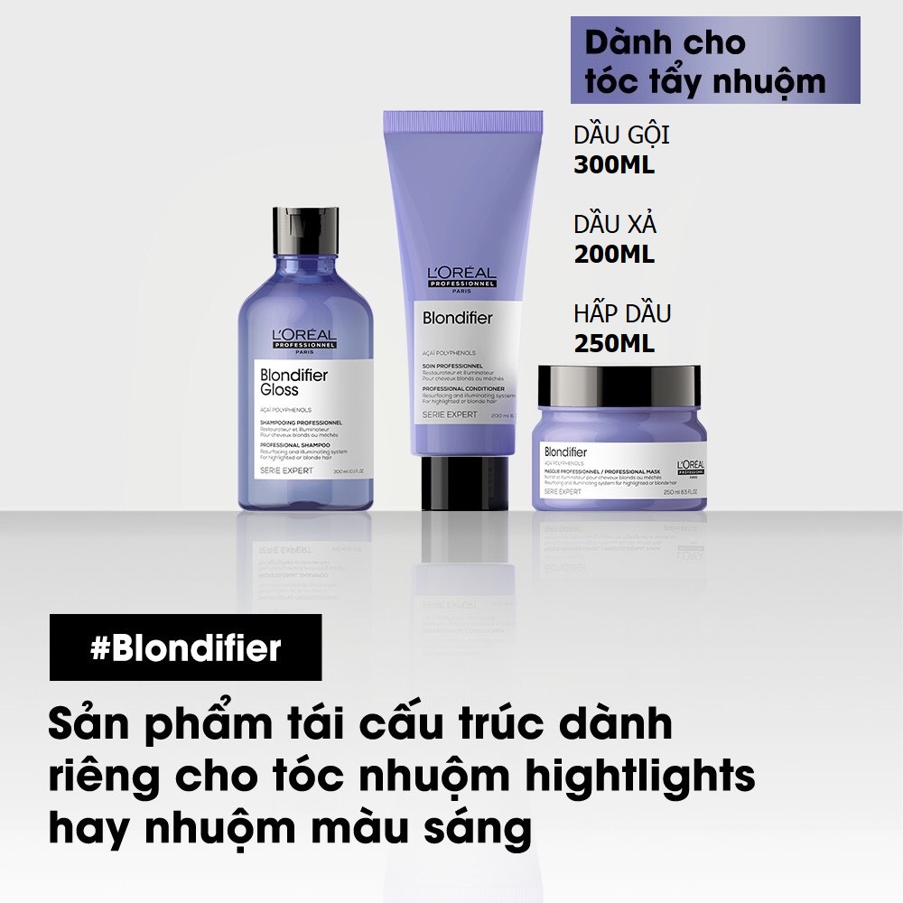 [Nhiều lựa chọn] Dầu gội 300ml, dầu xả 200ml, hấp dầu 250ml tăng độ bóng mượt cho tóc tẩy nhuộm L'Oréal Professionnel Blondifier Gloss