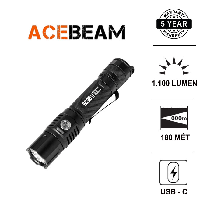 Đèn pin siêu sáng ACEBEAM EC35 GEN 2 LED SAMSUNG LH351D độ sáng 1100 lumen chiếu xa 180m cổng sạc USB type C sử dụng 01 pin 18650 (không kèm theo) Đèn Đèn pin