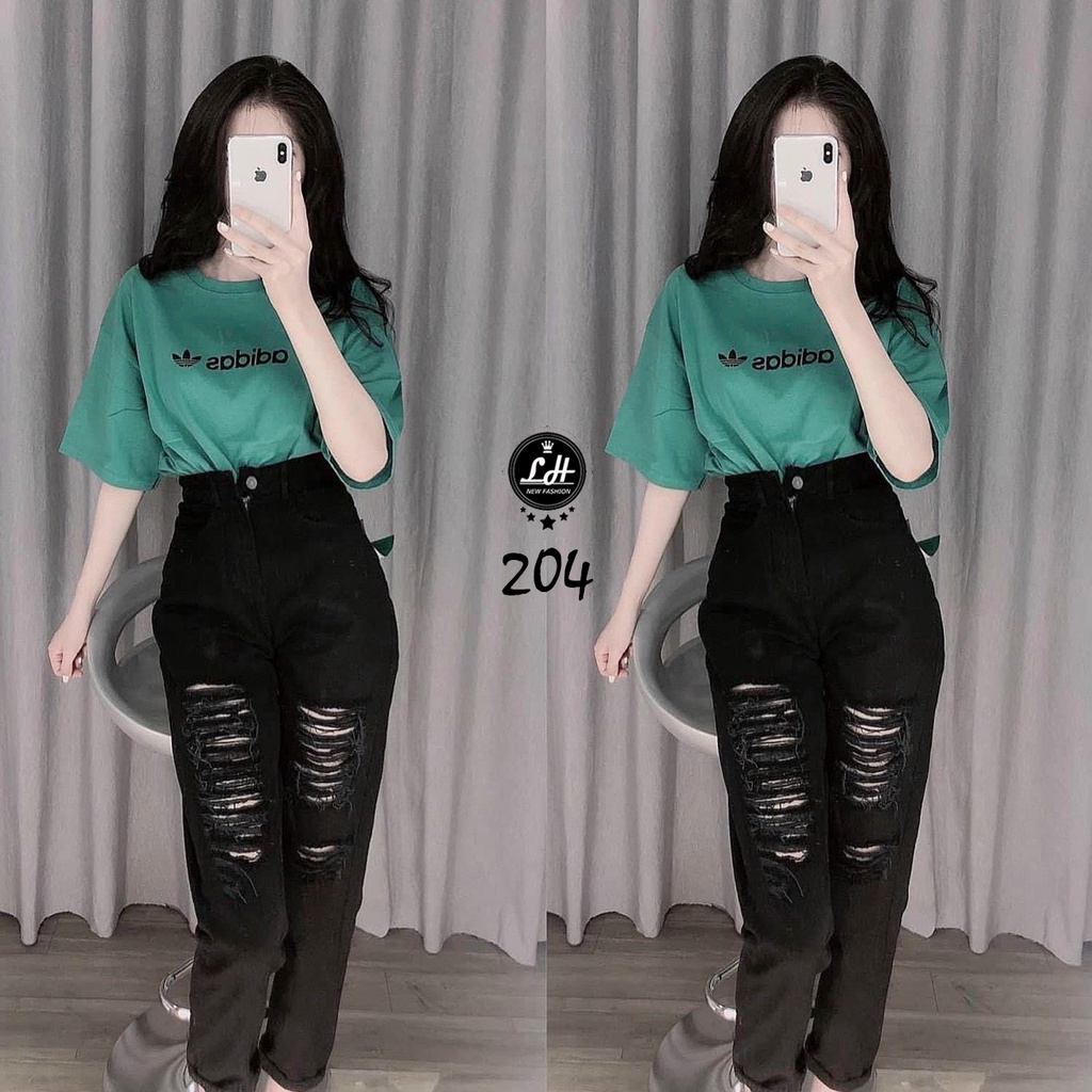 Quần baggy jean nữ, quần jean đen rách gối tua rua siêu chất lê huy fashion ms 204