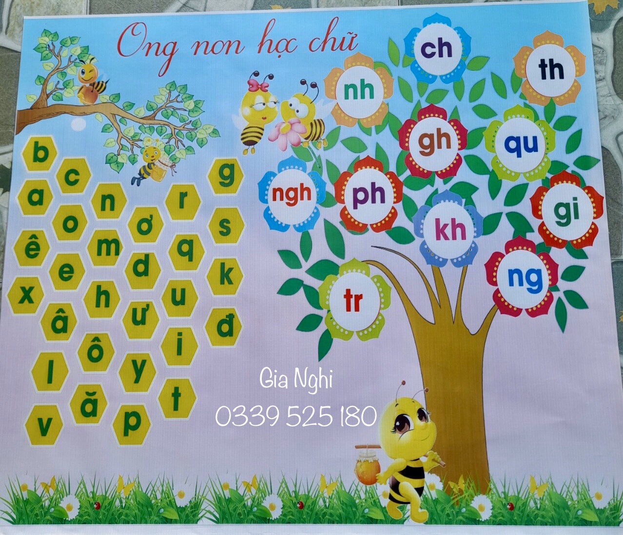 Ong non học chữ in bạt , giáo cụ dạy học , đồ dùng dạy học.