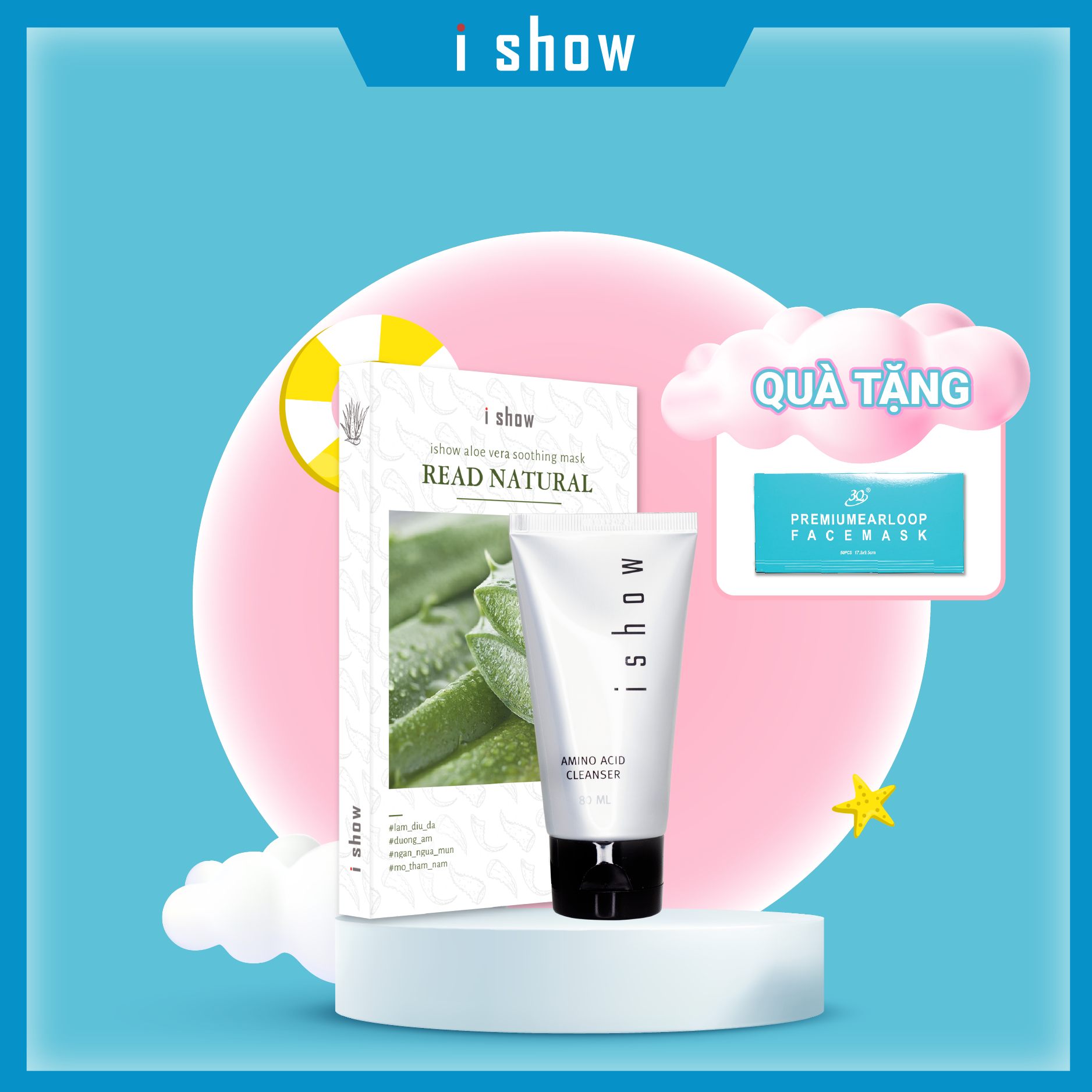 Combo Ishow Sữa rửa mặt sạch sâu dịu nhẹ cho da + Mặt nạ dưỡng ẩm ngừa mụn da chiết xuất nha đam Ishow Aloe Vera Soothing Mask - Tặng khẩu trang 3 lớp
