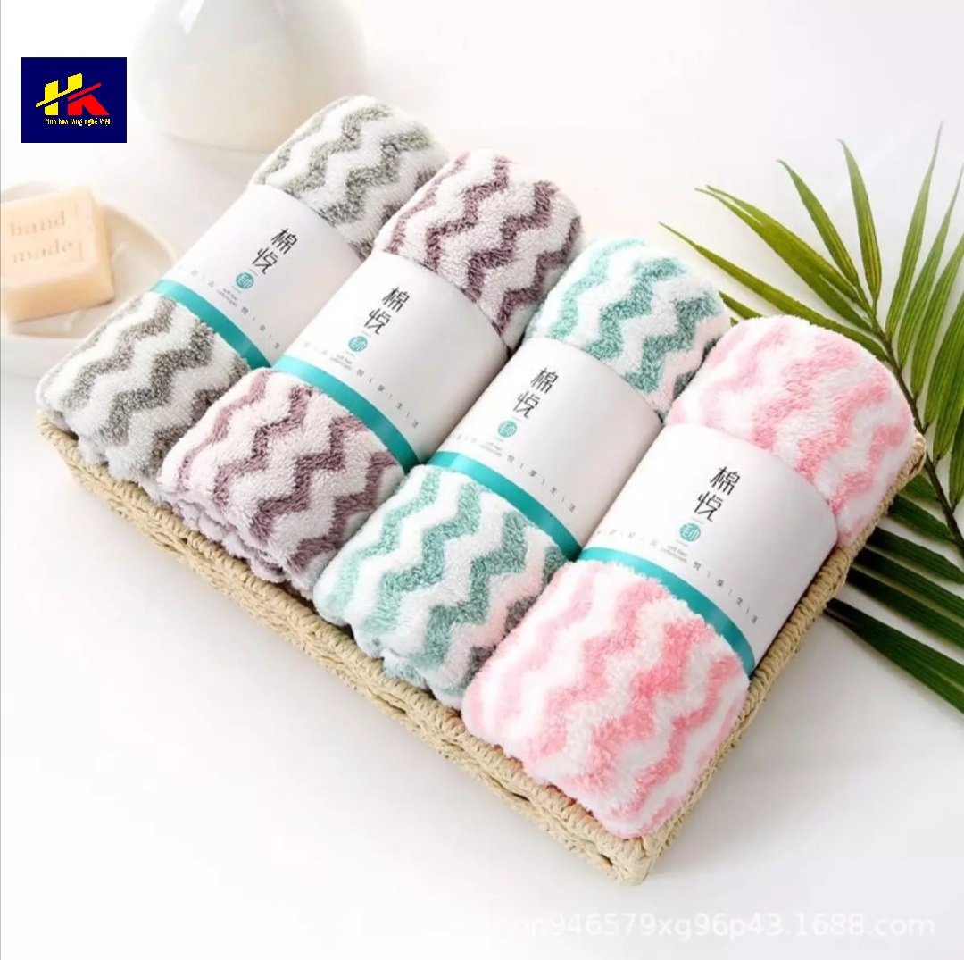 Set 10 khăn mặt lông cừu xuất Hàn Quốc vân kẻ sọc 30x50cm, Khăn Mặt Hàn Quốc Siêu Mềm, siêu thấm Hồng Kỳ