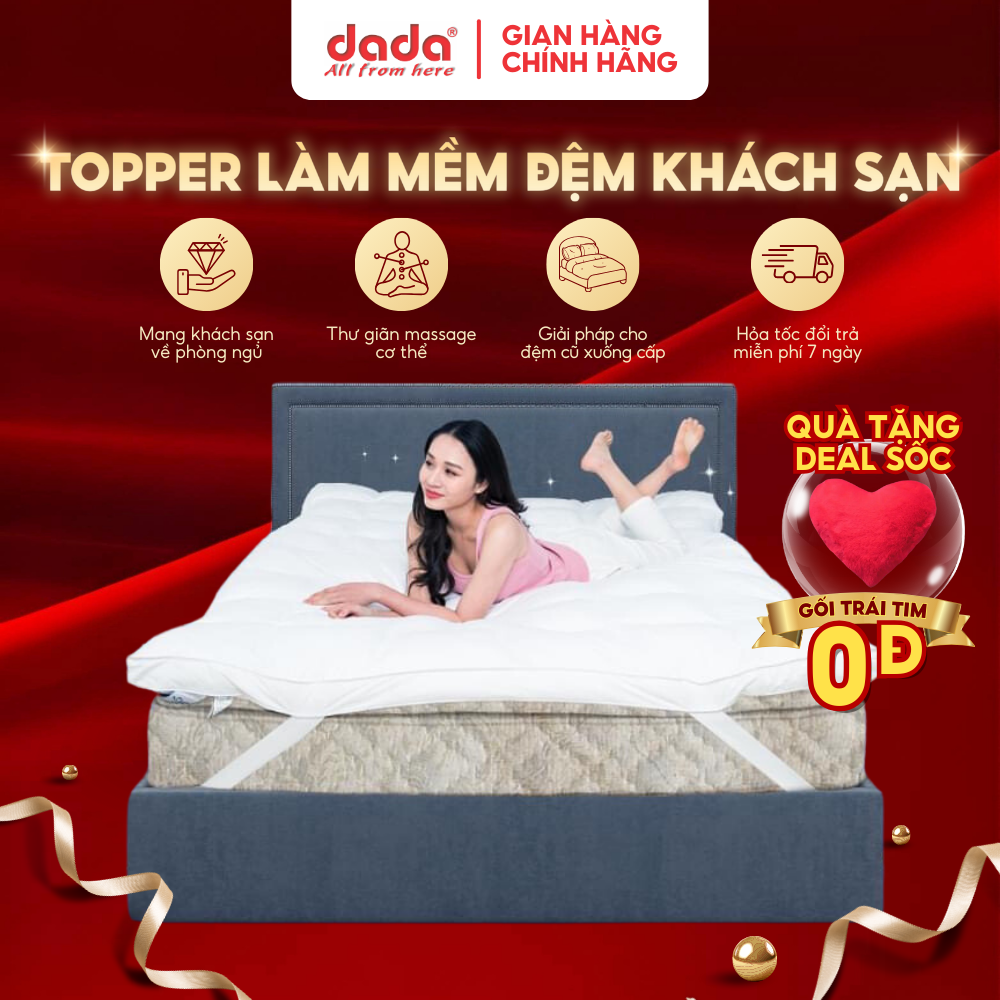 Nệm Topper Khách Sạn Cao Cấp DADA - Gòn Polyester Êm Mềm Kháng Khuẩn - Dày 7cm