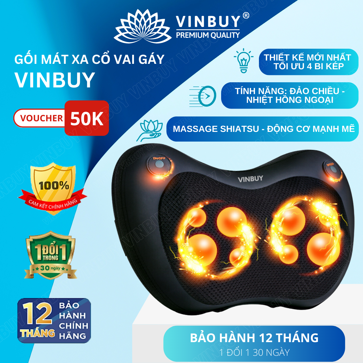  Gối massage cổ vai gáy đa năng - Máy massage toàn thân nhiệt hồng ngoại 2 chiều - Hỗ trợ mát xa đùi chân lưng - Hàng chính hãng VinBuy 