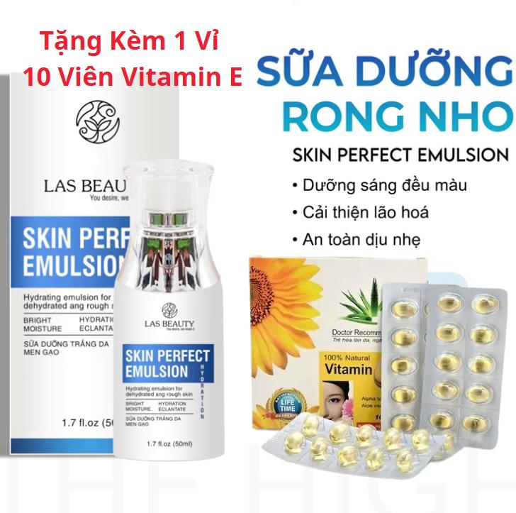 Tặng 1 vỉ Vitamin E - Sữa dưỡng Rong Nho Nhật Bản Las Beauty truyền trắng dưỡng da căng bóng Skin Perfect Emulsion 50ml