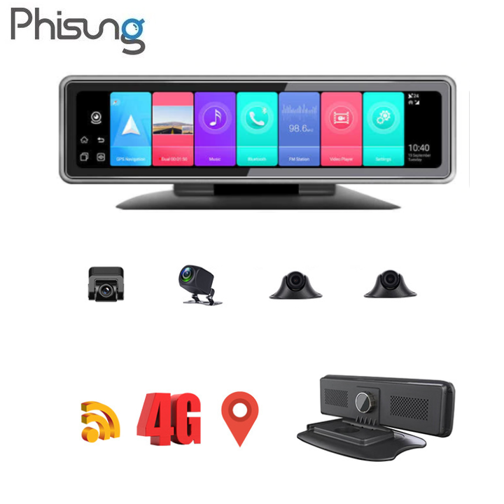 Camera hành trình 360 độ gắn gương và taplo ô tô cao cấp nhãn hiệu Phisung T88 màn hình 12 inch ghi hình đồng thời 4 camera cùng một lúc