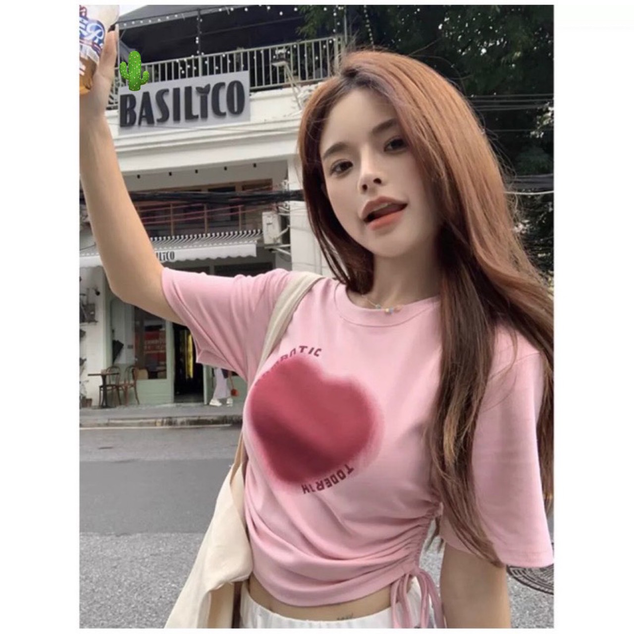 Áo thun borip nữ tay ngắn in trái tim hồng, ngôi sao hồng cute to rút dây eo hai bên croptop PC/ QN