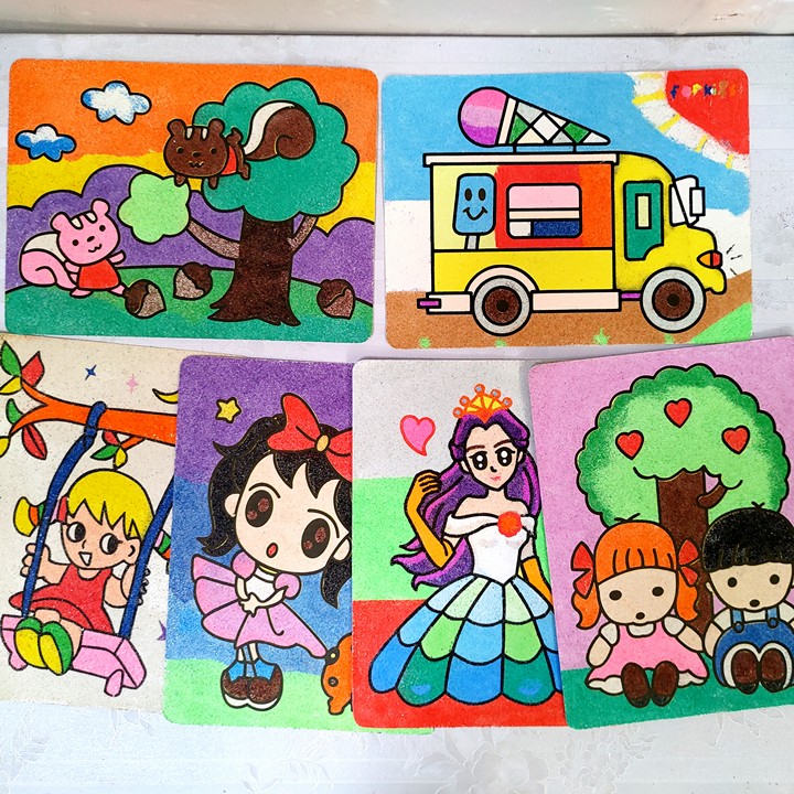 Tranh Cát, combo 10 Tranh cát A4 nền Vàng, có kèm cát sẵn,10 tranh khác nhau, đồ chơi cho bé