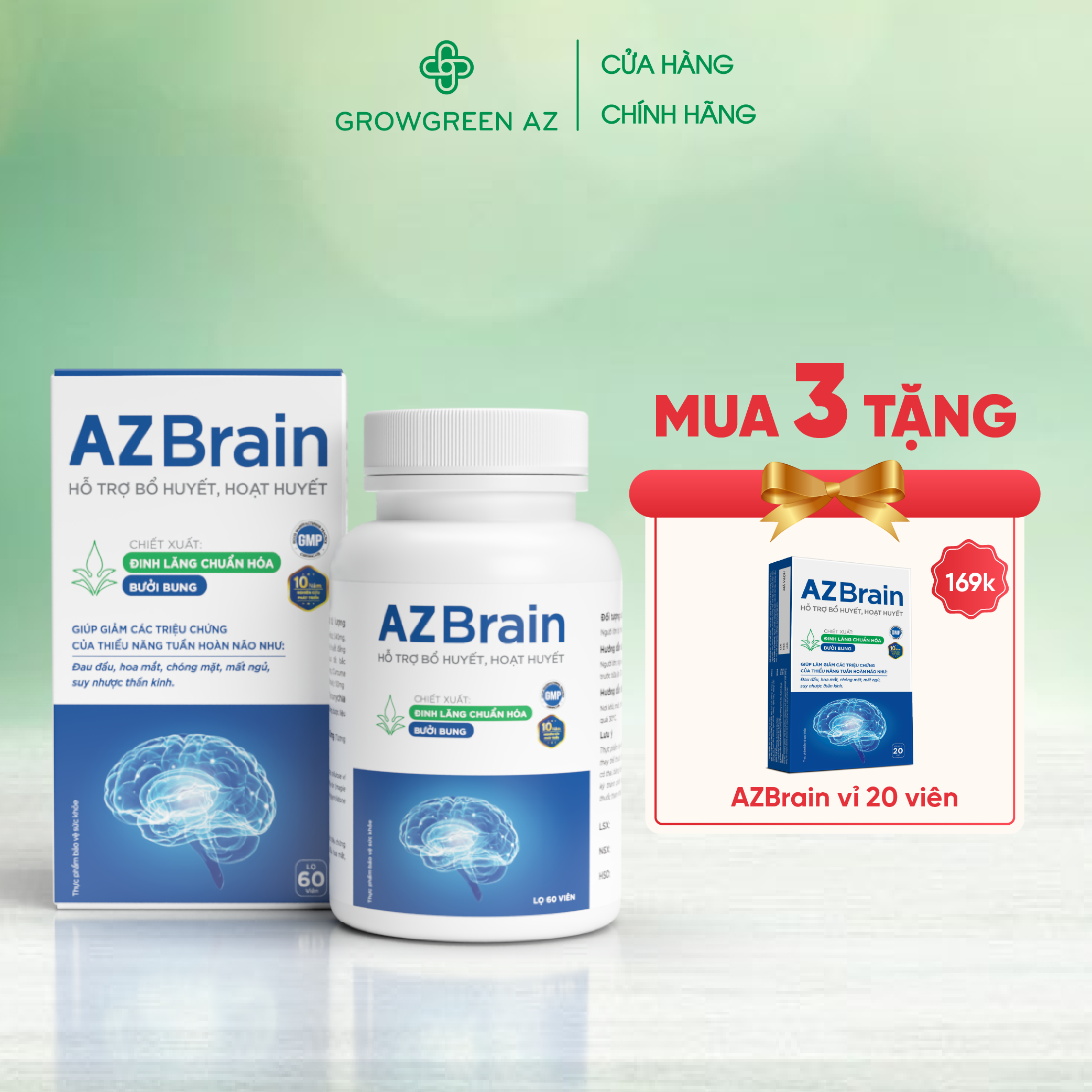 Hoạt huyết dưỡng não AZBrain- GrowGreenAz Giảm Đau Đầu, Mất Ngủ, Suy Nhược Thần Kinh, Tăng Tuần Hoàn Máu Não (Hộp 60 viên)