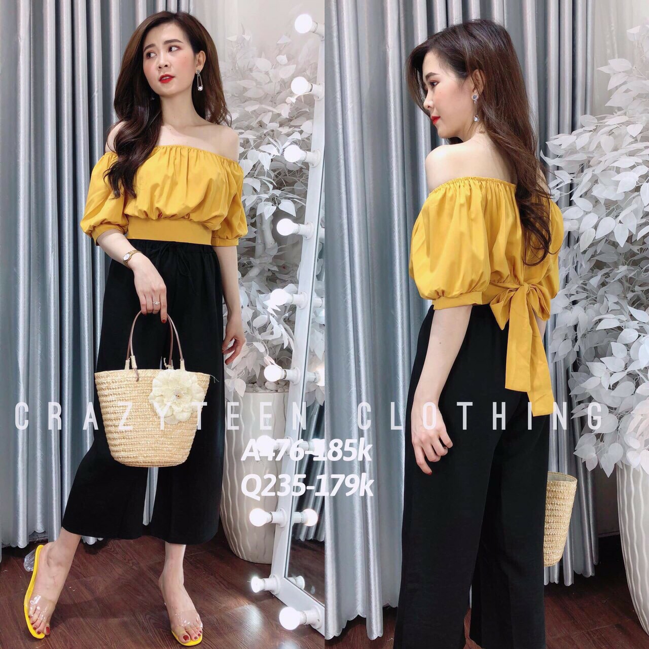 Set bộ đi chơi áo trễ vai quần ống rộng (Kèm hình thật)